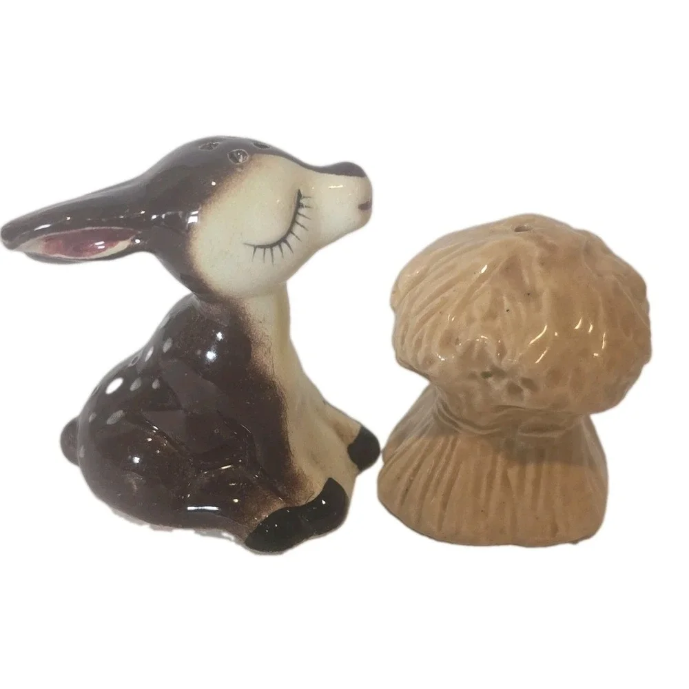 Vintage Japan Deer & Haystack Salt Pepper Shakers Ceramic Figural Pair